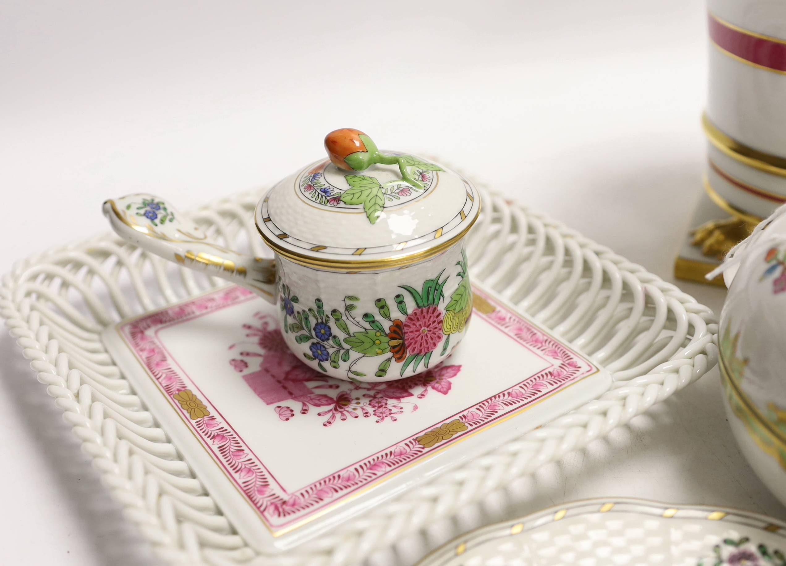A group of Herend, Hungary porcelain wares including; a covered dish, tray, candlestick, two pedestal vases, boy on a goose, etc. tallest 13cm